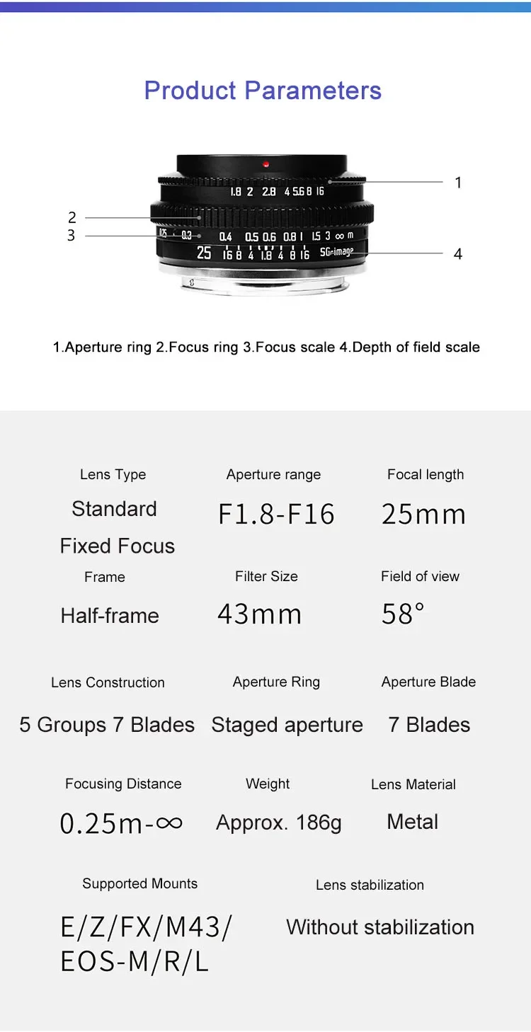 عدسة صورة ثابتة SGimage 25 مم F1.8 لكاميرات Sony E وFuji X وCanon RF/EF-M وM4/3 وNikon Z وLica/Sigma/Panasonic L Mount