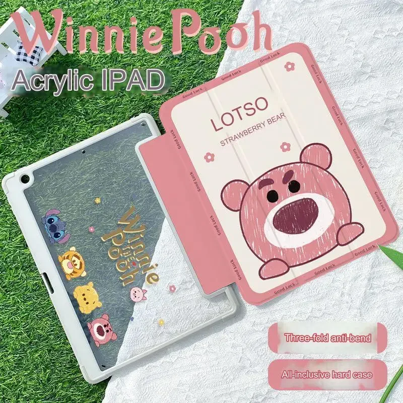 Disney Stitch Lotso Winnie Tablet Case for iPad Air 1 2 3 Mini 6 iPad 2022 11inch Cartoon Acrylic Three-fold Protective Cover