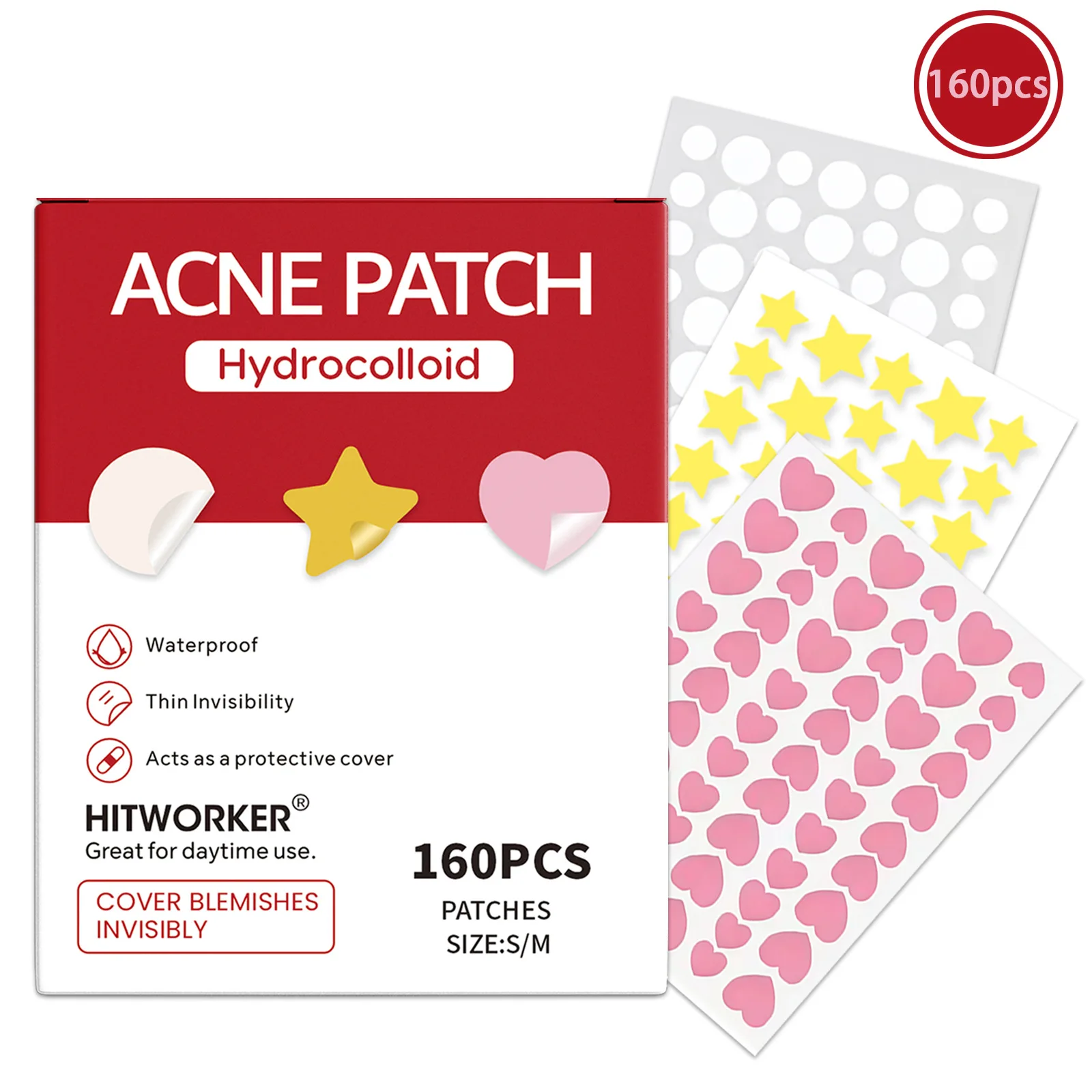 

160pcs of 3 types of acne coverage patches, gentle and waterproof, suitable for Valentine's Day essentials