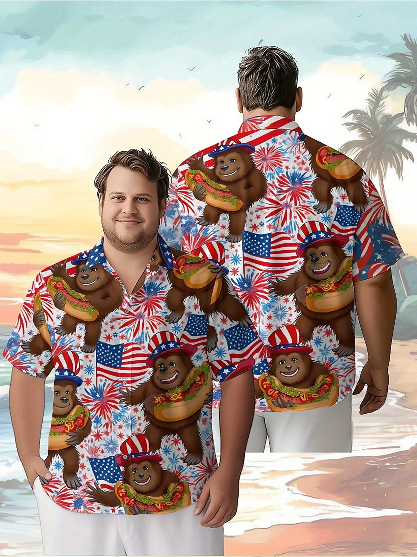 Men's Plus Size Hawaiian Shirts Hot Dog Bear and Fireworks Party Celebrate The US Independence Day pattern, Summer Tops