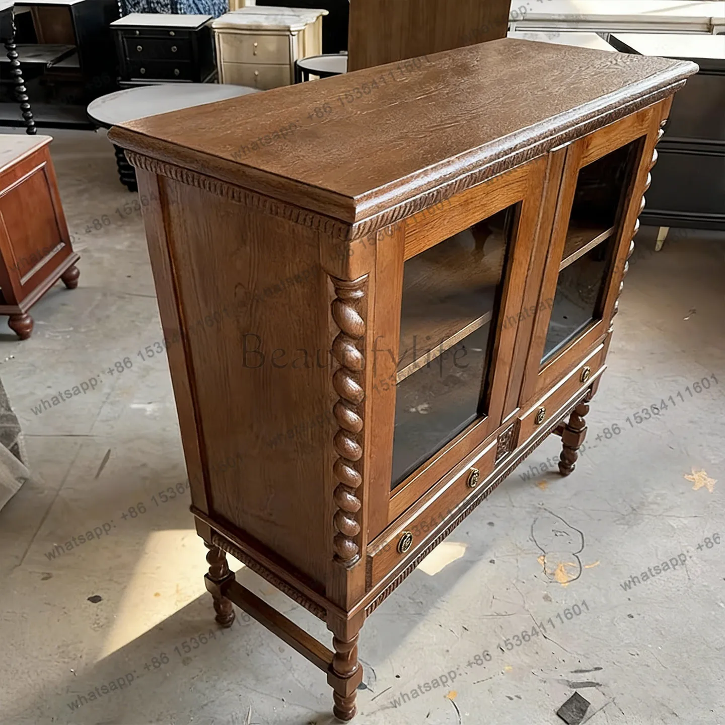American solid wood dining side cabinet glass door twist legs storage carved side cabinet restaurant furniture