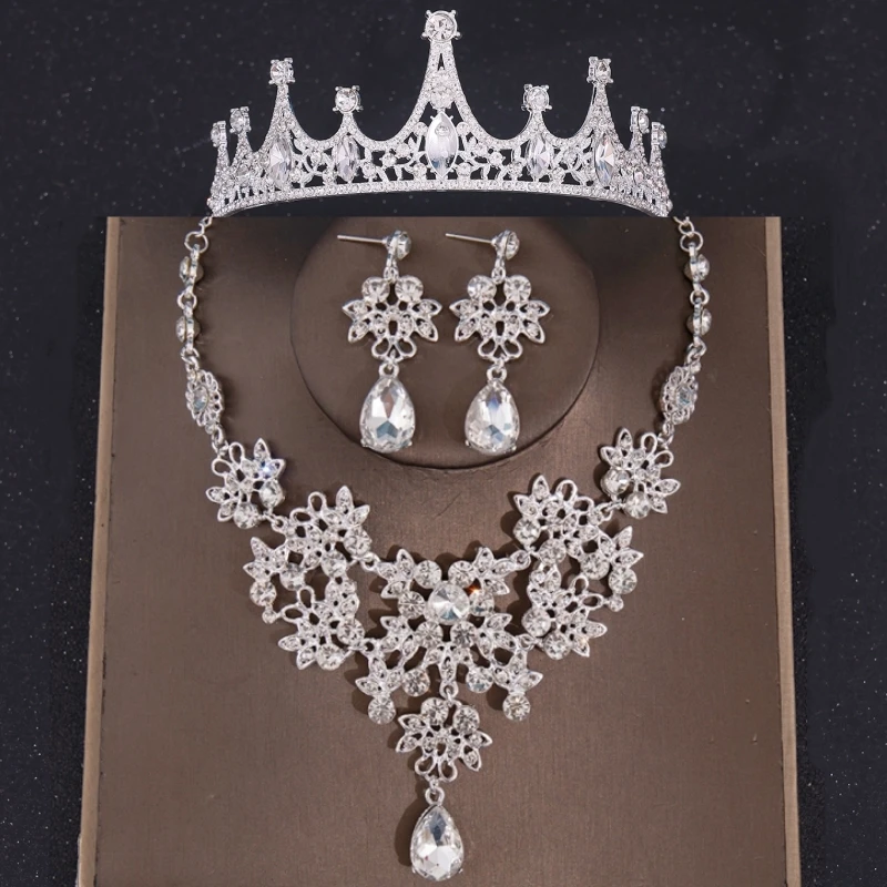 

Набор из 3 предметов: колье, серьги и корона с кристаллами, свадебный комплект украшений с камнями, аксессуары для волос, корона-тиара, подарок