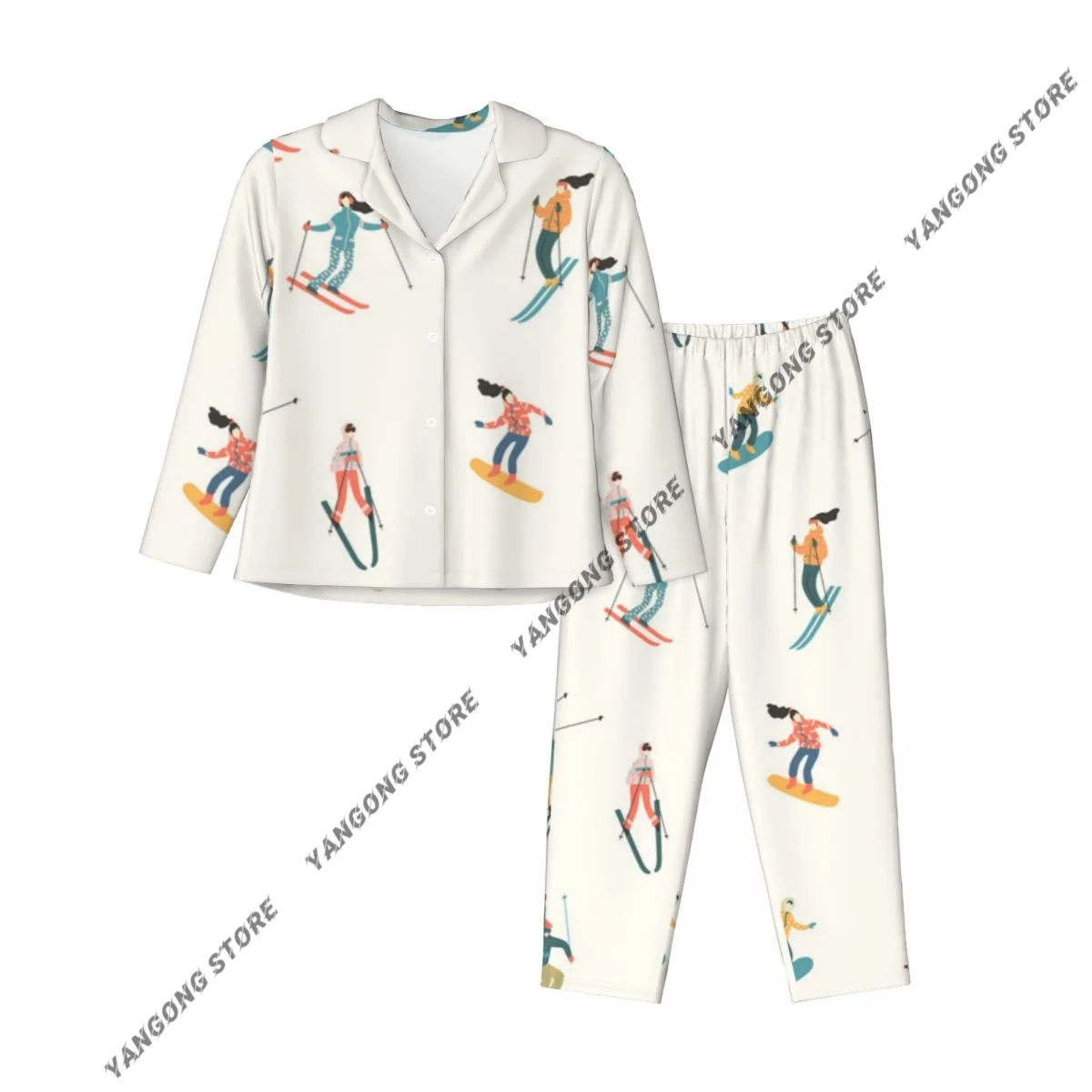 طقم بيجامات نسائية بنمط رياضي شتوي على الجليد مكون من قطعتين ملابس نوم بأزرار سفلية وأكمام طويلة