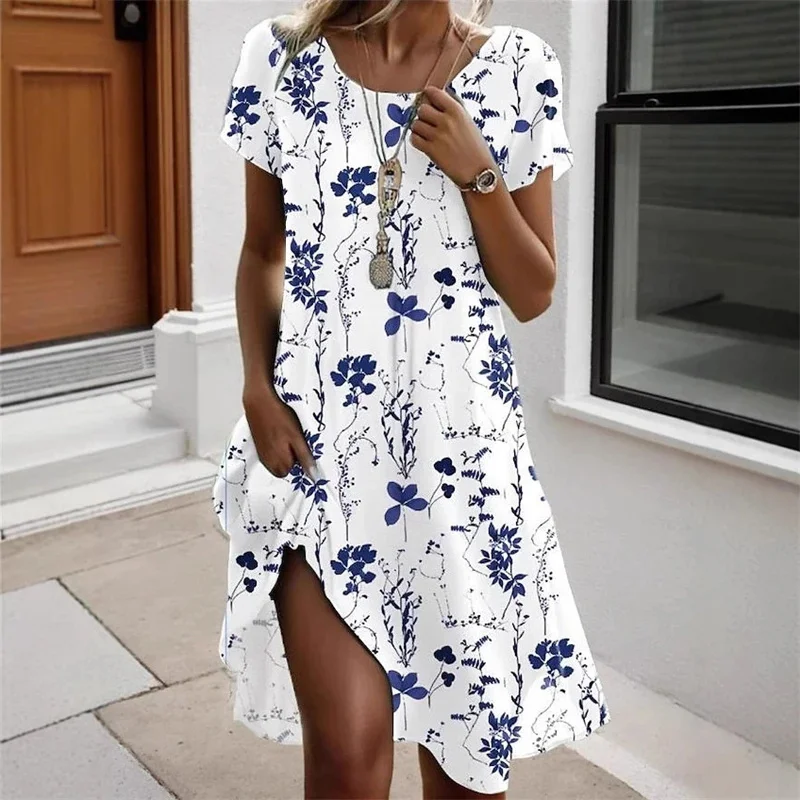 Boho Print Dress Lady Fashion O Neck Short Sleeve Loose Dresses For Women Casual Holiday Beach Skirt Robe Femme Summer New Dress