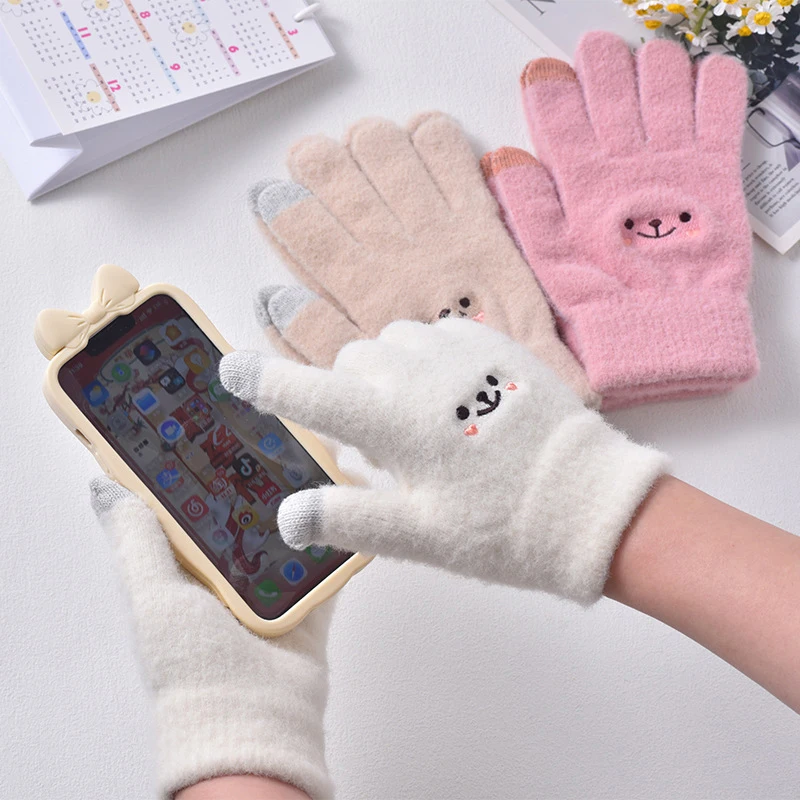 

Kawaii Knitted Gloves Female Cute Cartoon Embroidered Bear Touchscreen Gloves Autumn Winter Warm Women Shopping Knit Soft Gloves