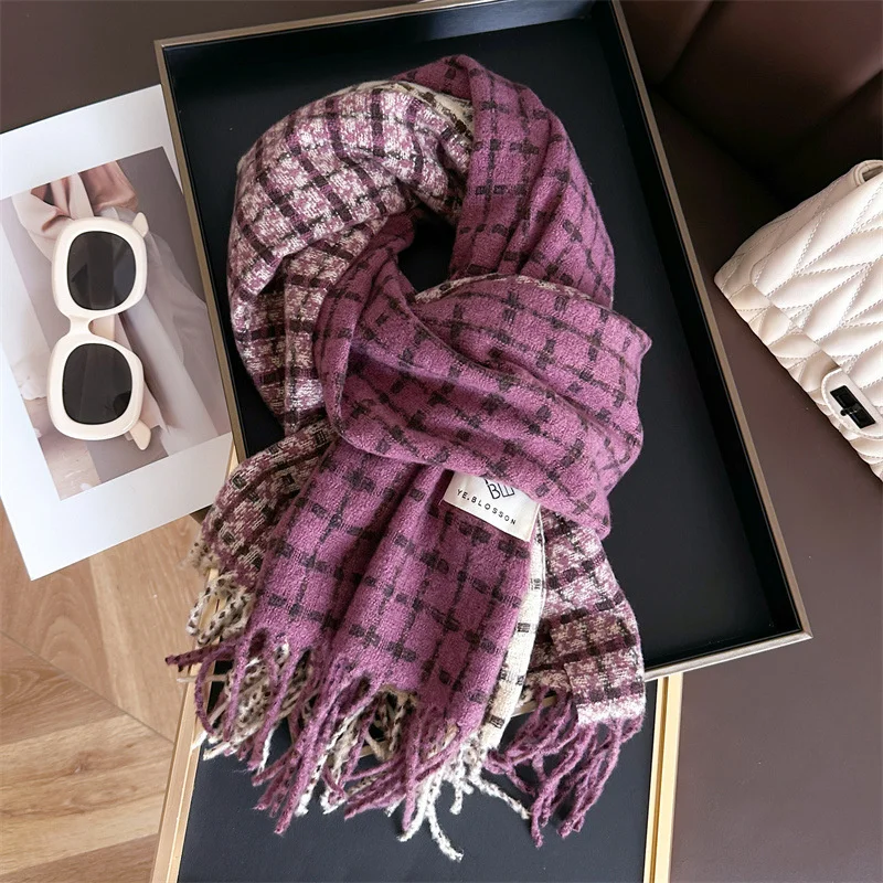 Women Winter Scarf Color Blocking Plaid Scarves Versatile Tassel Imitation Cashmere Warm Pashmina Shawl Wrap Gift Wholesale