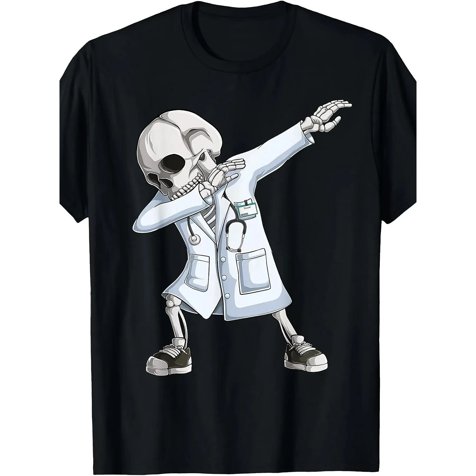 

Dabbing Skeleton Doctor Graphic Tee Medical Nurse Halloween Costume T-Shirt Soft Cotton Daily Wear