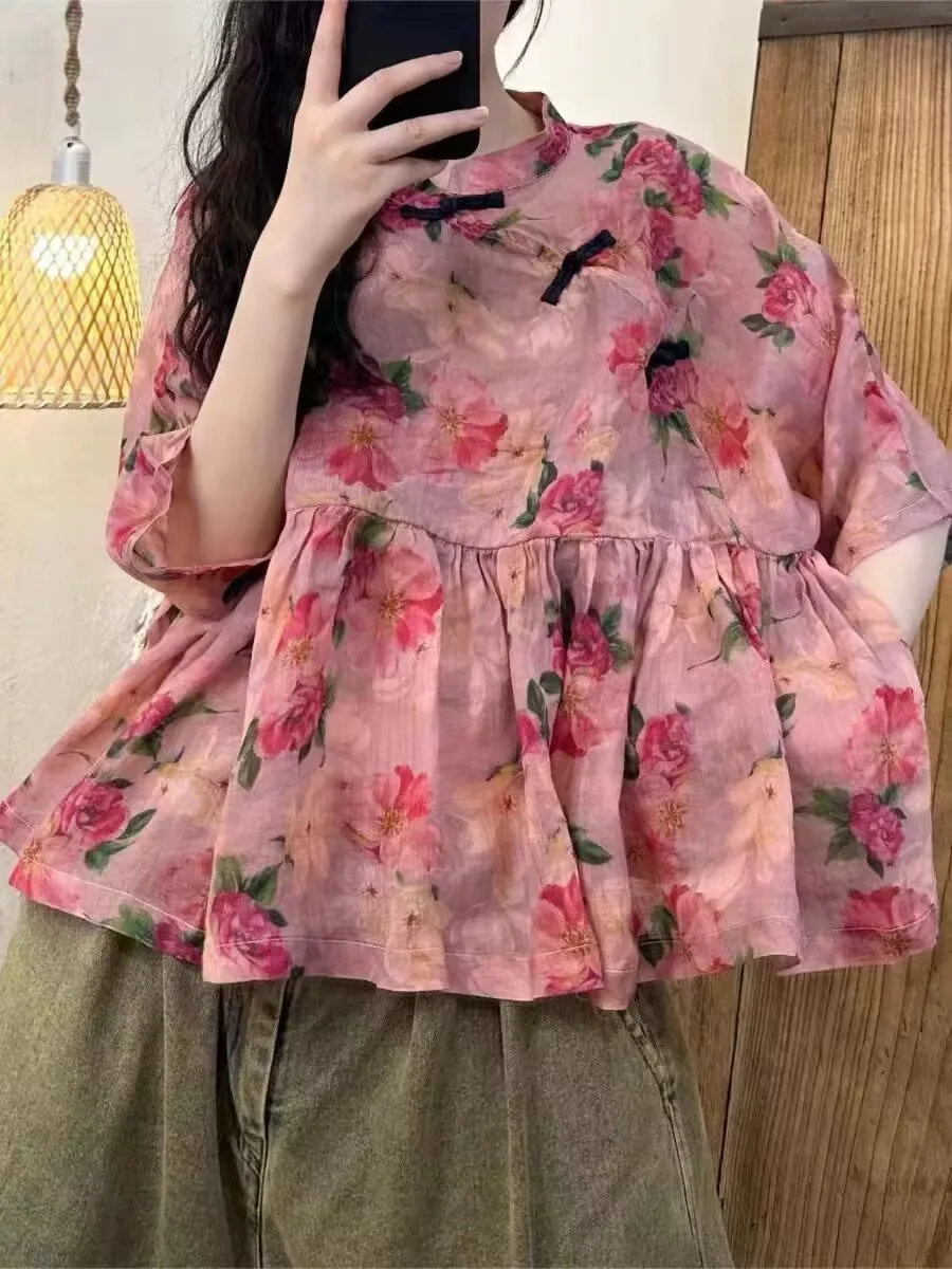 

Retro Artistic Large Brand Women's irt Loose Fit Hemp Button Doll irt Casual Versatile Anti-Aging Small irt