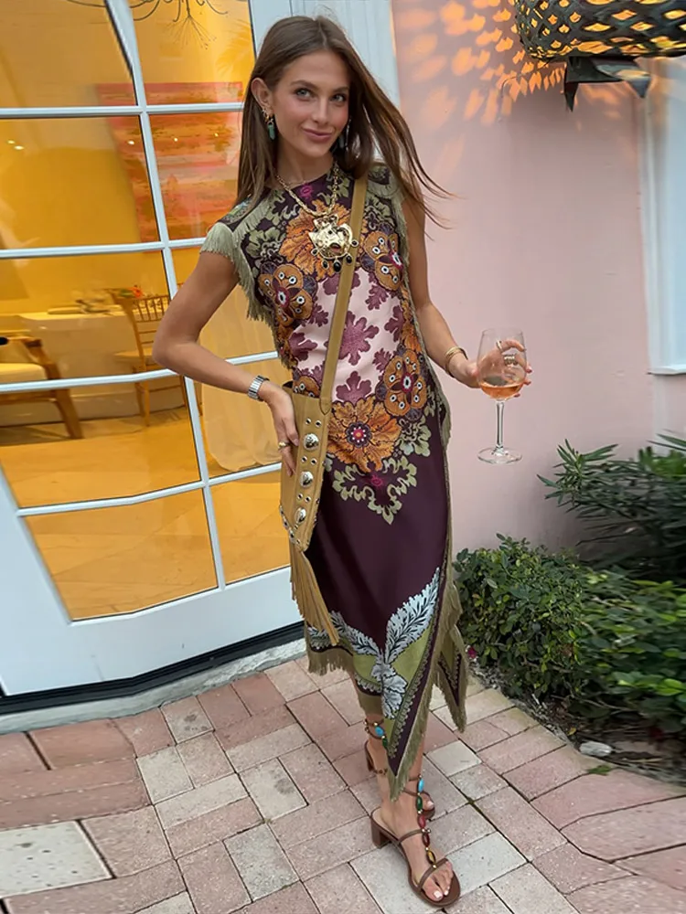 Damen-Abendkleider mit Druckmuster und Quasten, Ärmellos, Asymmetrisch, Langes Kleid im Boho-Stil, O-Ausschnitt, Seitenschlitz, Schlankes Partykleid, Neu – Detail 6