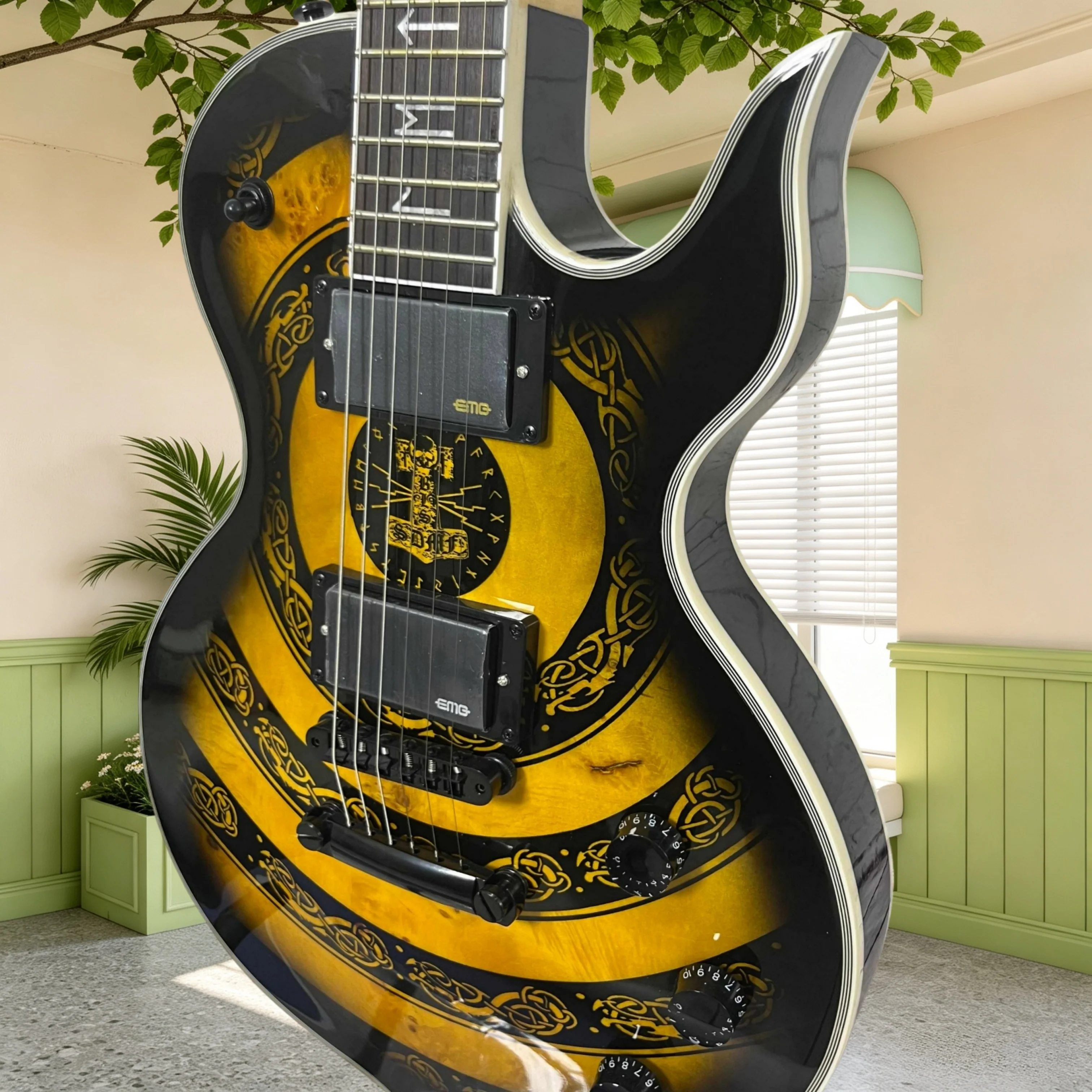 Electric Guitar Mahogany Body Black Gold Totem Graphic Gloss Finish Special Symbol Block Inlay EMG Humbuckers Hot Sale New