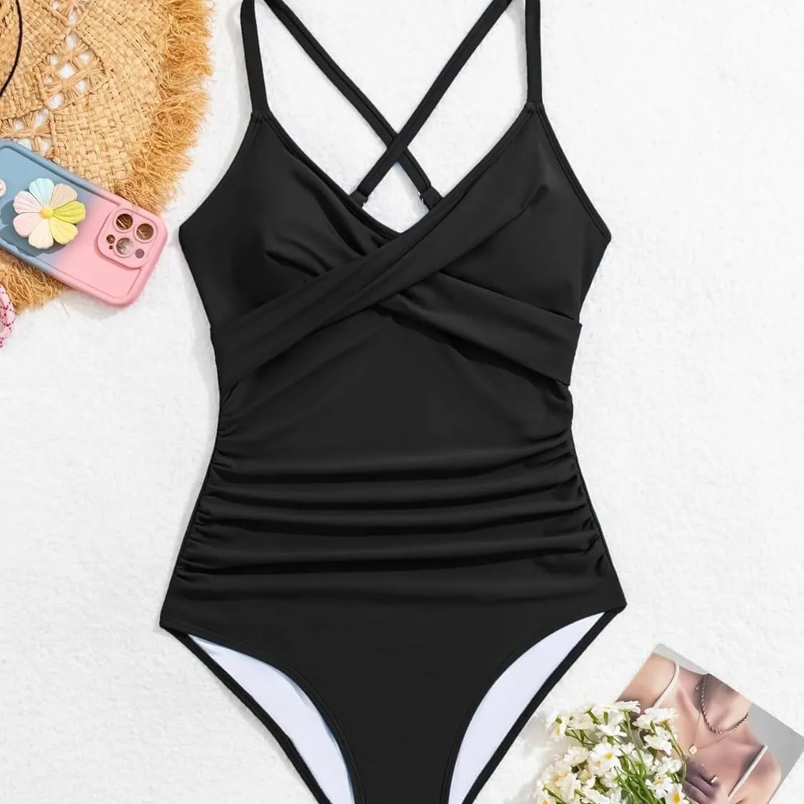 Traje de baño plisado con cuello de 2025V para mujer con correas, bikini sexy de una pieza para nadar de mujer