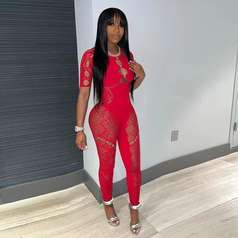 

Christmas Red Jacquard Knitted Jumpsuits Women Sexy Diamonds Hollow Out Short Sleeve Lace Up Halter Backless Skinny Overalls