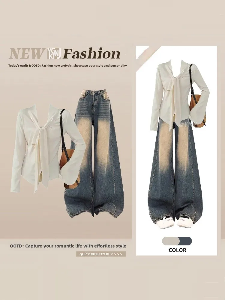 Retro Chic Long Sleeve Belted Wide Leg Denim Set for Women Spring Season T-Shirt Loose Fit High Waist Jeans Vintage Style