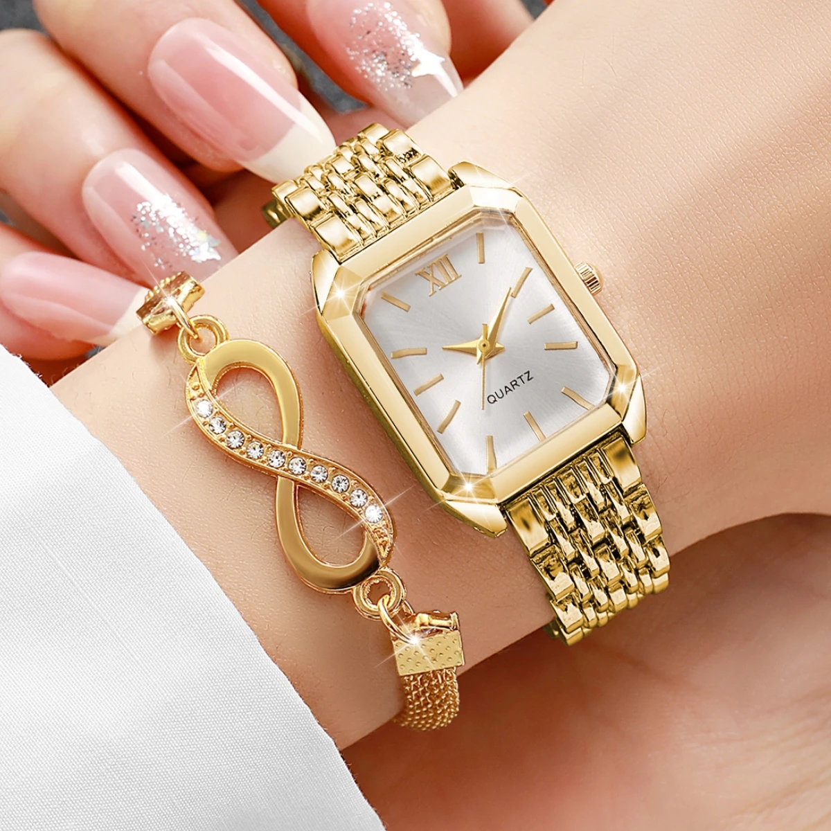 2PCS/Set Elegant Rectangle Women Quartz Watch Fashion Roma Dial Ladies Wristwatches Bracelet Set Reloj Mujer Clock (Without Box)
