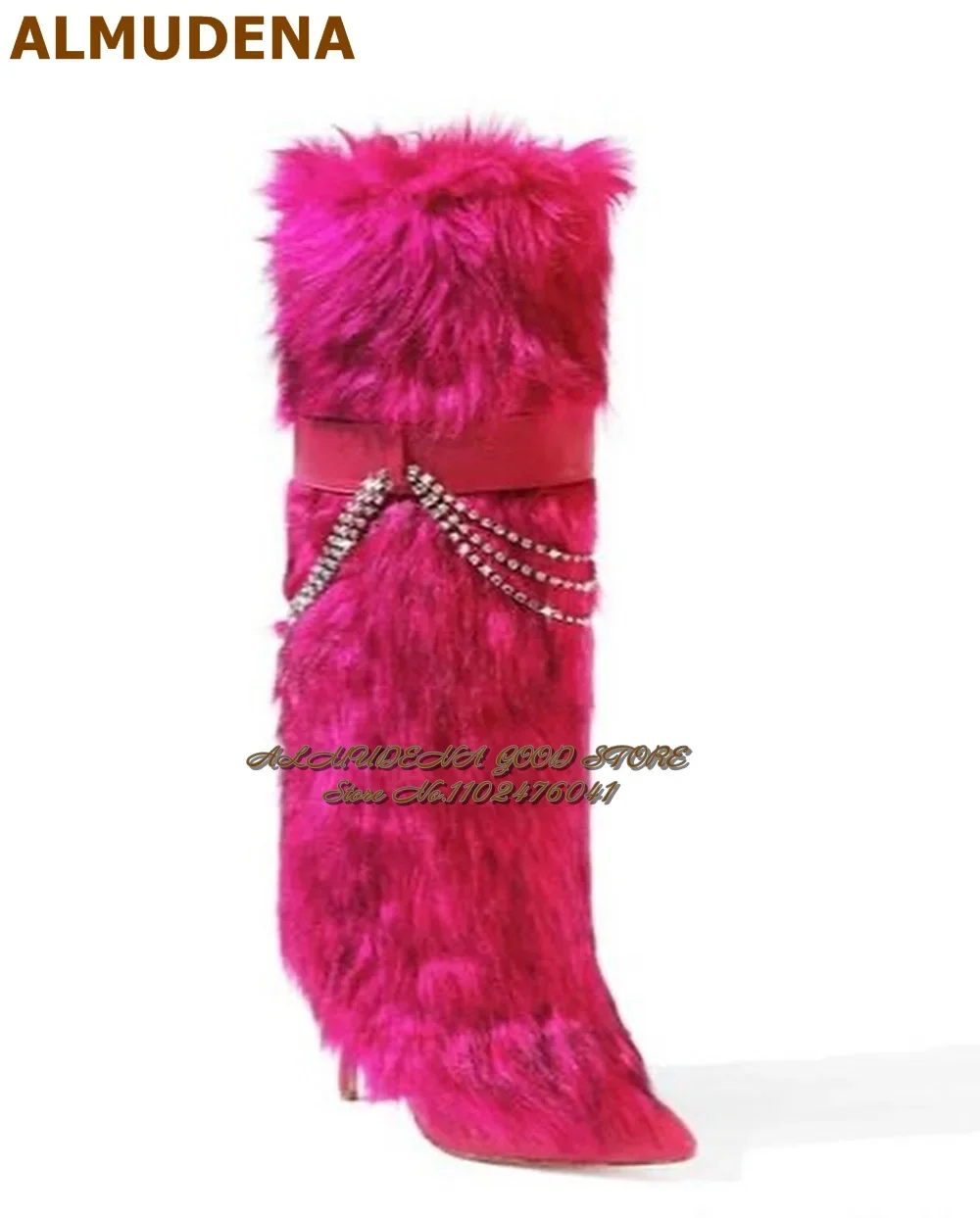 ALMUDENA Hot Pink Black Fluffy Fur Knee Boots Bling Bling Crystal Chain Embellished Dress Boots Dense Plush Warm Winter Shoes