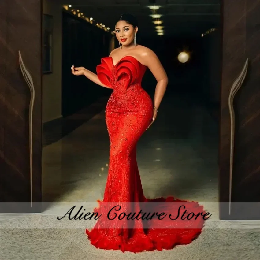 Sparkly Red Mermaid Evening Dress Bead Crystals Elegant Sweetheart  Formal Birthday Party Dress Feathers Robe Customized