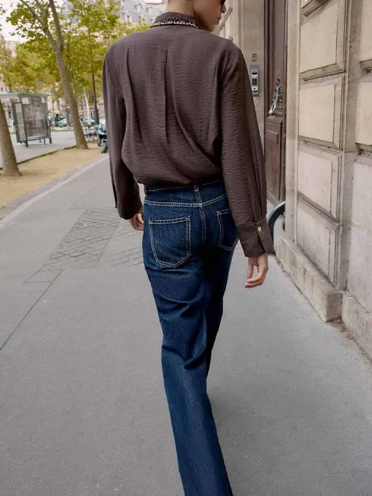 Nowa europejska i amerykańska moda damska, styl casual, dojazdy do pracy, uniwersalna koszula z klapami, długie rękawy z ozdobnym wykończeniem.