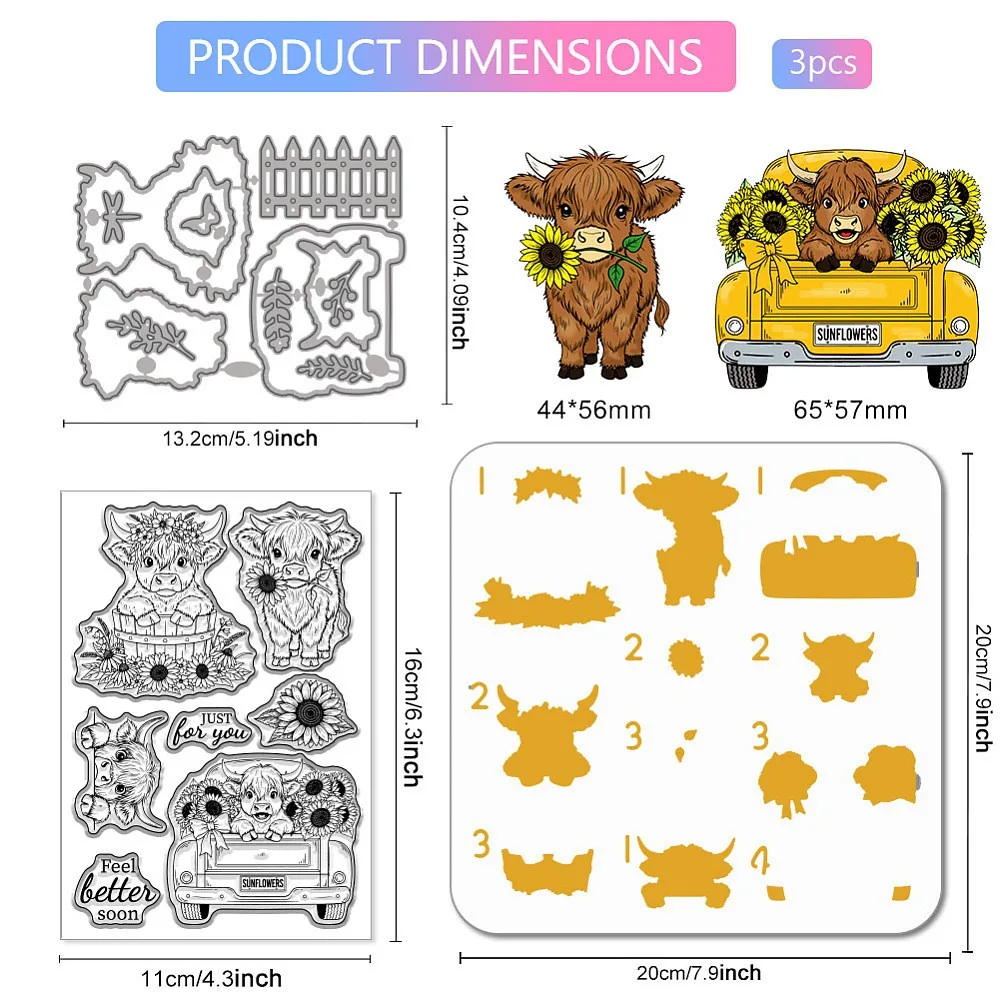 Sunflowers Highland Cattle Truck Clear Stamp Cute Cow Cutting Dies Pickup Truck PET Painting Stencils Template Set for Card