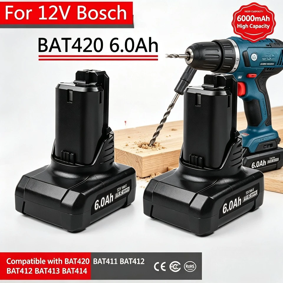 Schnelle Lieferung, für Bosch 12V Li-Ion Ersatzakku, 3000mAh / 6000mAh, kompatibel mit BAT411 BAT412A BAT413A D-70745GOP 2607336014 PS20-2, 10,8V Akku-Werkzeuge, funktioniert mit Bosch 12V Ladegerät