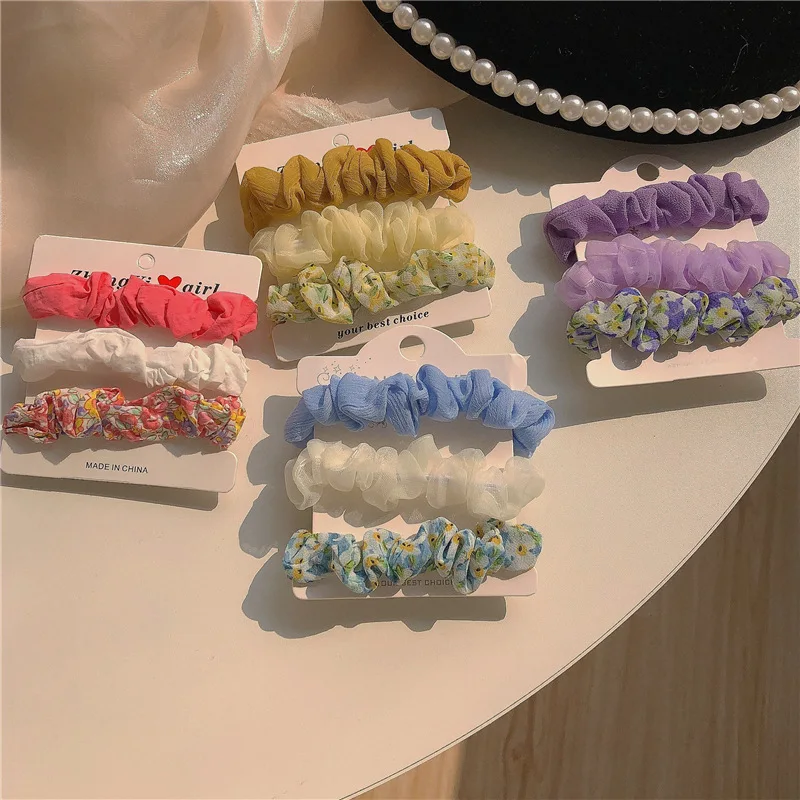 

Elegant Ponytail Holder Rubber Band Elastic Hairband Hair Accessories Print Satin Mesh Scrunchies Women Solid Color Hair Rope