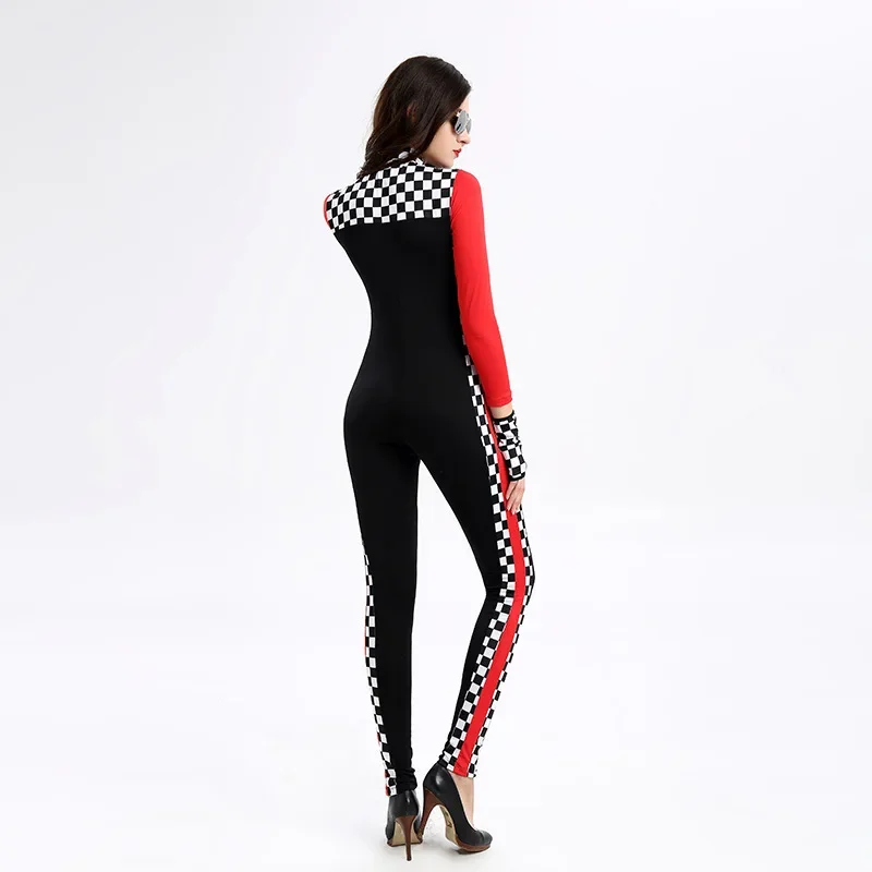 Vrouwen Sexy Racer Kostuum Stretchy Race Auto Coureur Kostuum Lange Mouwen Race Meisje Outfit Met Handschoenen Halloween Cosplay Kostuum