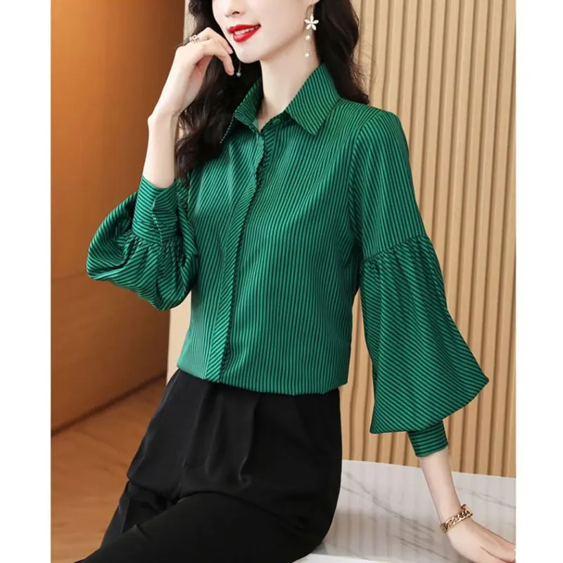 Women\'s Autumn Fashion Simplicity Striped Polo Collar Long Sleeve Chiffon Shirts Women Clothes Casual All-match Temperament Tops