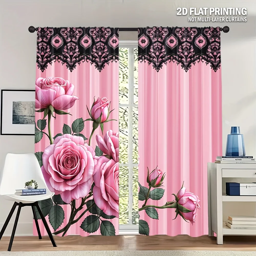 Large Floral Rose Print Curtain Panels for Living Room Bedroom Home Decor Window Treatment