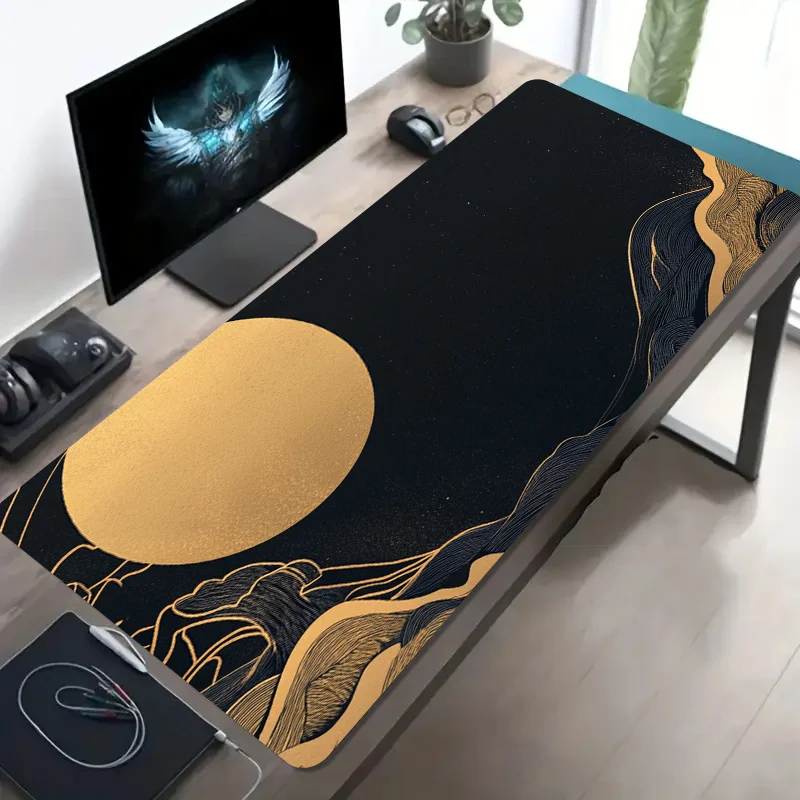 Tapis de souris de jeu extra-large, tapis de bureau à base en caoutchouc antidérapant, design de paysage chinois élégant, adapté aux PC et au bureau