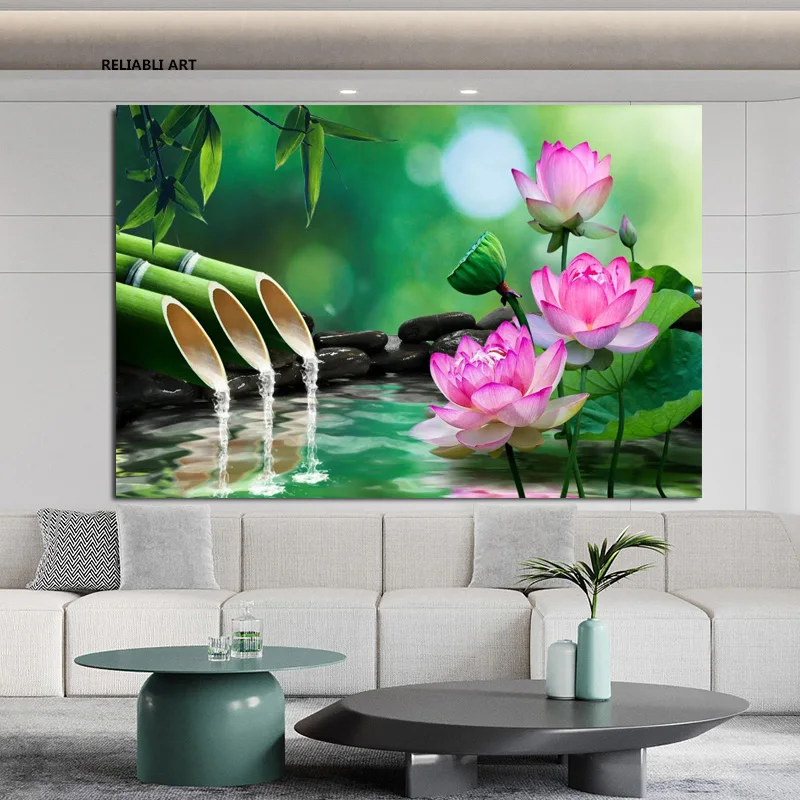 Green Bamboo Lotus In Water Wall Posters Canvas Art Print Pictures Stone Flower Home Decor Paintings For Living Room Decorations