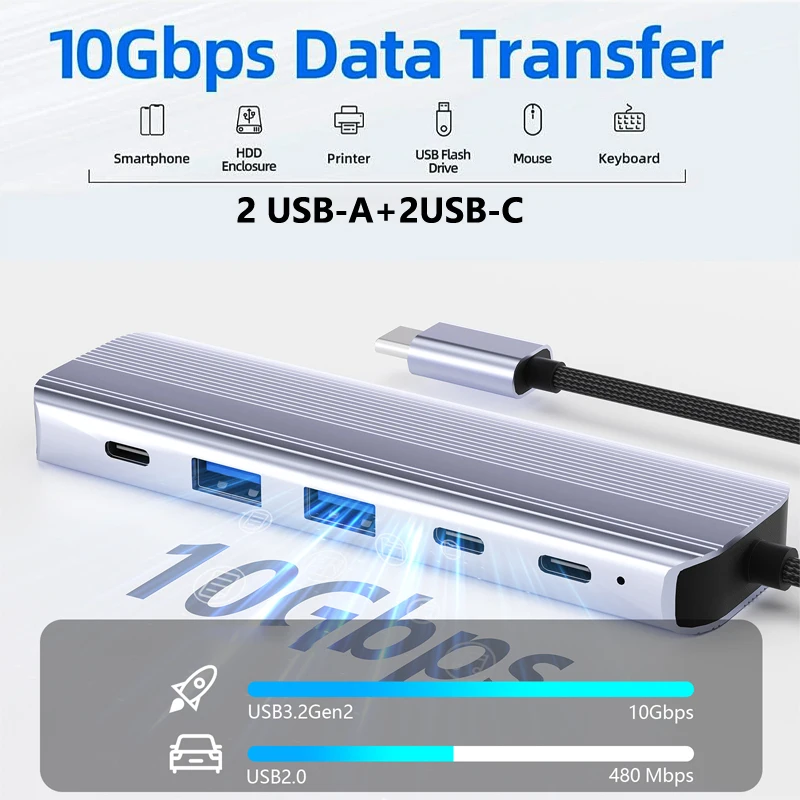 10Gbps USB3.2 Gen2 HUB with PD 100W 4K60Hz USB C Splitter Adapter For Laptop Macbook Air Pro Samsung S23 24 Dex  iPhone 15 16