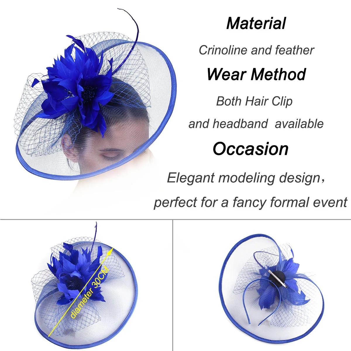 Royal Blue Cocktail Hat Fascinator dla kobiet wesele opaski francuski siateczkowy welon obręcz do włosów ozdoby Bride Feather spinki do włosów