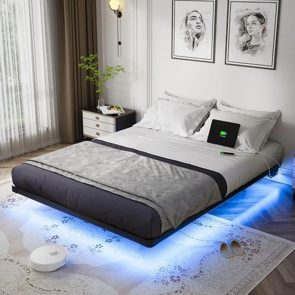 

Floating Bed Frame Queen Size with Smart LED Lights and Charging Station - Modern Metal Platform Bed, Easy Assembly No Box