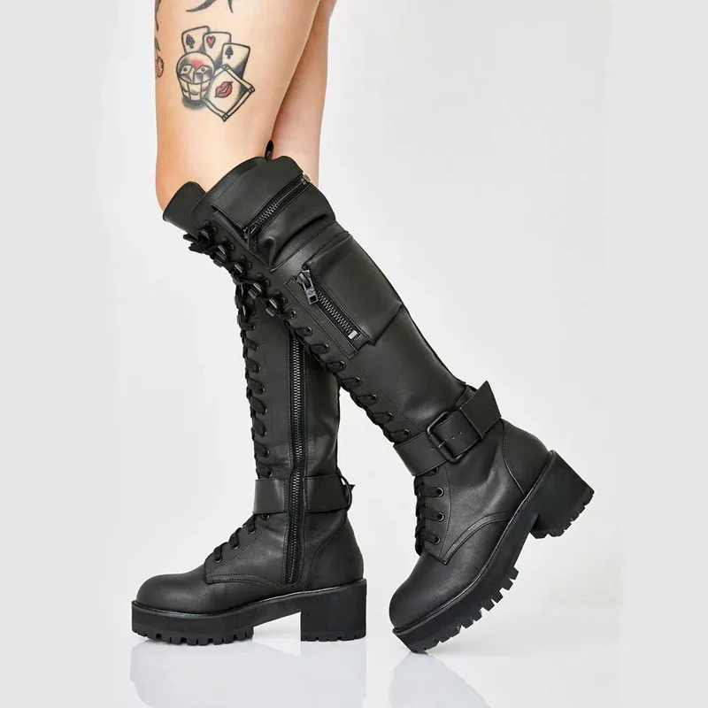 Women\'s Thigh High Boots Black Fashion Black Punk Goth Sexy Woman Platform Boots Motorcycle Boot Women Heels Shoes Big Size 43