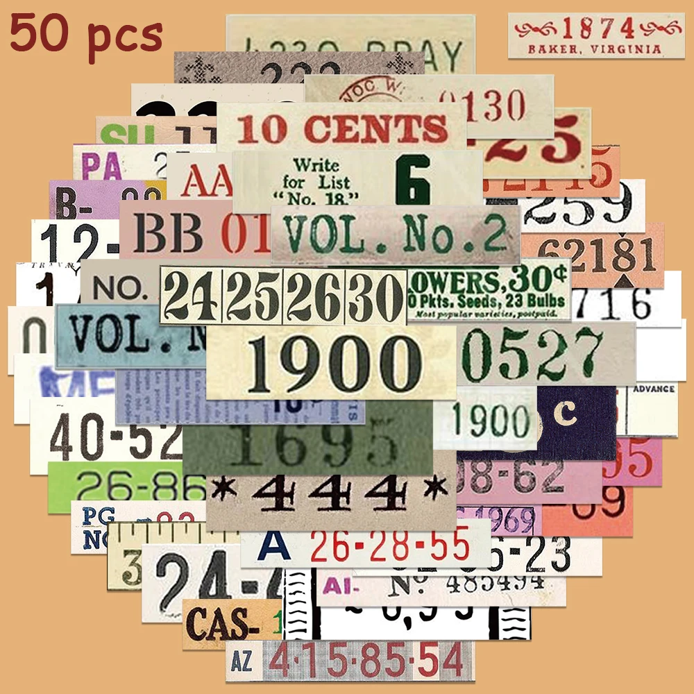 50pcs Retro Number Label Stickers Vintage Graffiti Decals For Laptop Luggage Skateboard Motorcycle Waterproof Stickers