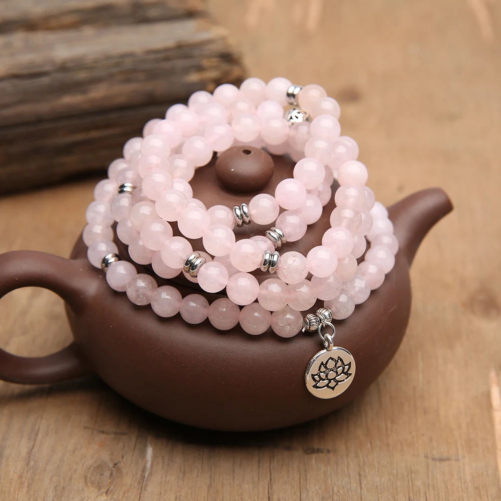 OAIITE 8mm Rose Quartz Natural Amazon Wrap Mala Bracelet Yoga Meditation Lotus Pendant Classic Charm Bracelet