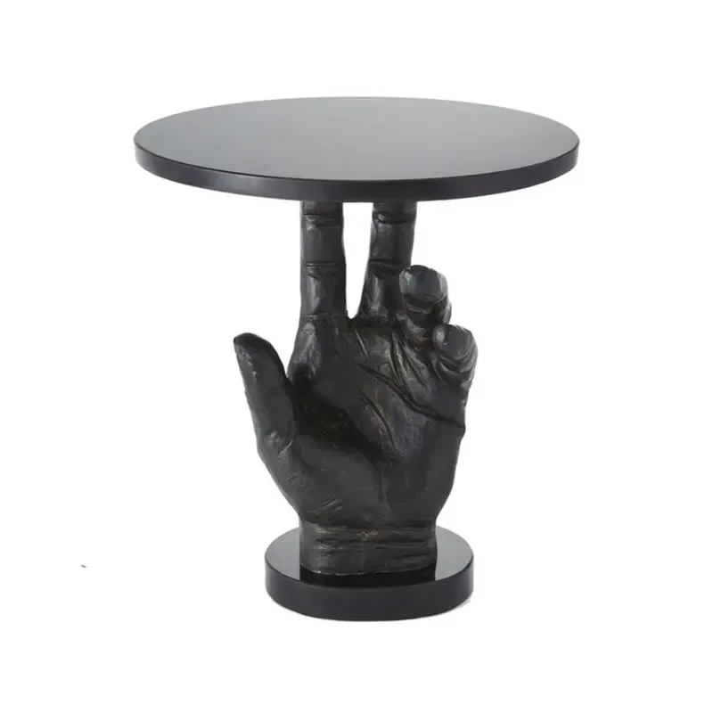 Wood Carving Hand Shape Design Round Black End Table Small Side Tables for Living Room