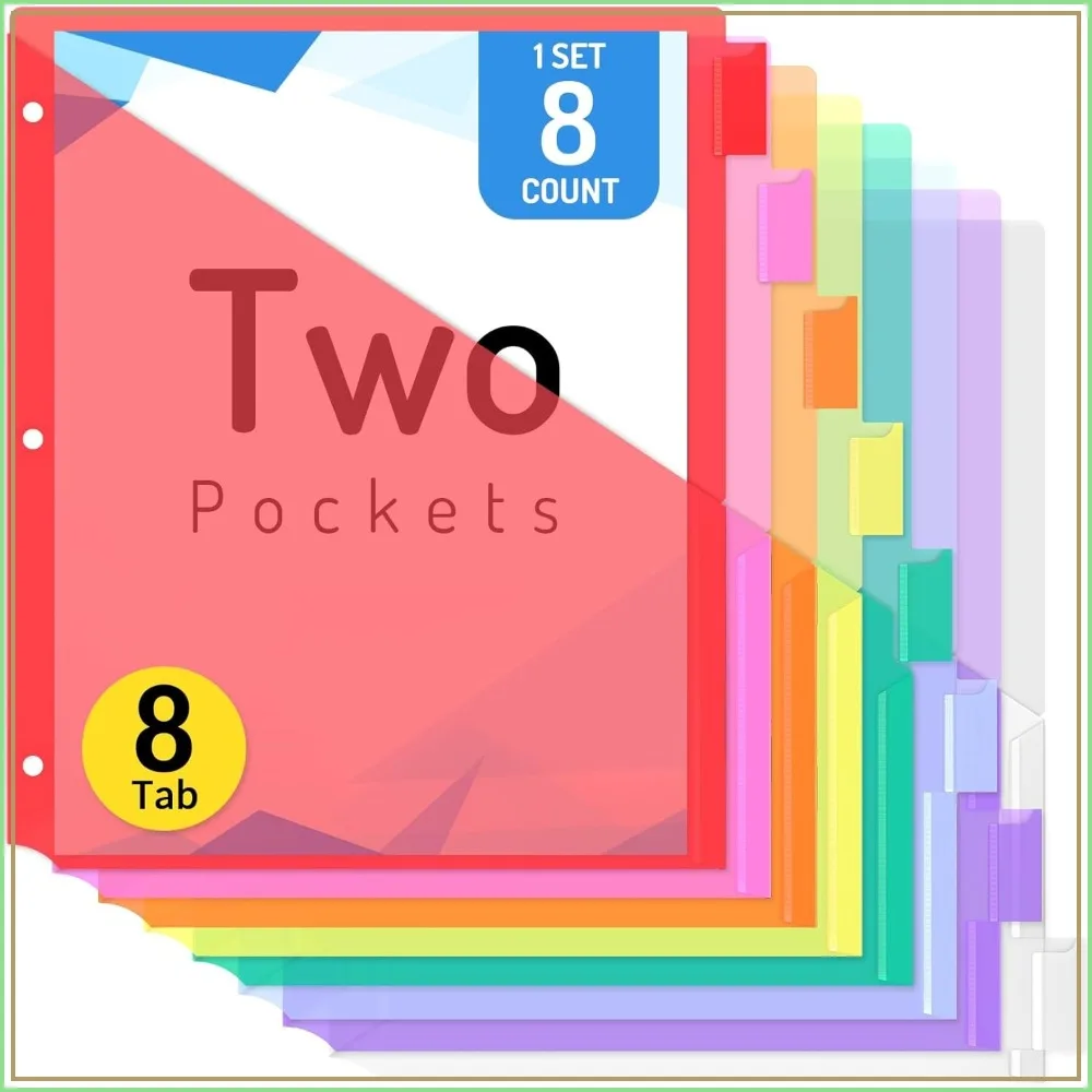 

8 Dividers with 2 Pockets Each for 3 Ring Binder, 8 Tabs, Multicolor