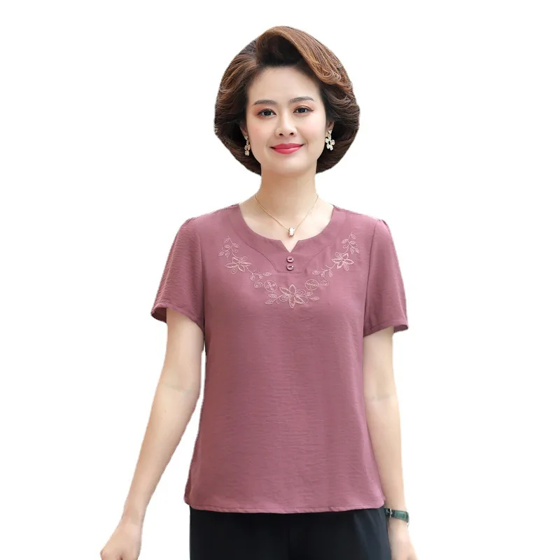 

Summer Embroidered Short Sleeve T-Shirt Women Middle-aged Thin Regular Fit Top Comfortable Breathable Eco-friendly Material