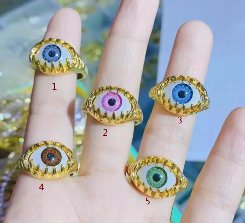 1pcs Colorful Enamel Engrave Chunky Bohemian Turkish Evil Eye Rings Wide Gold Big CZ Eternity Open Band  For Women