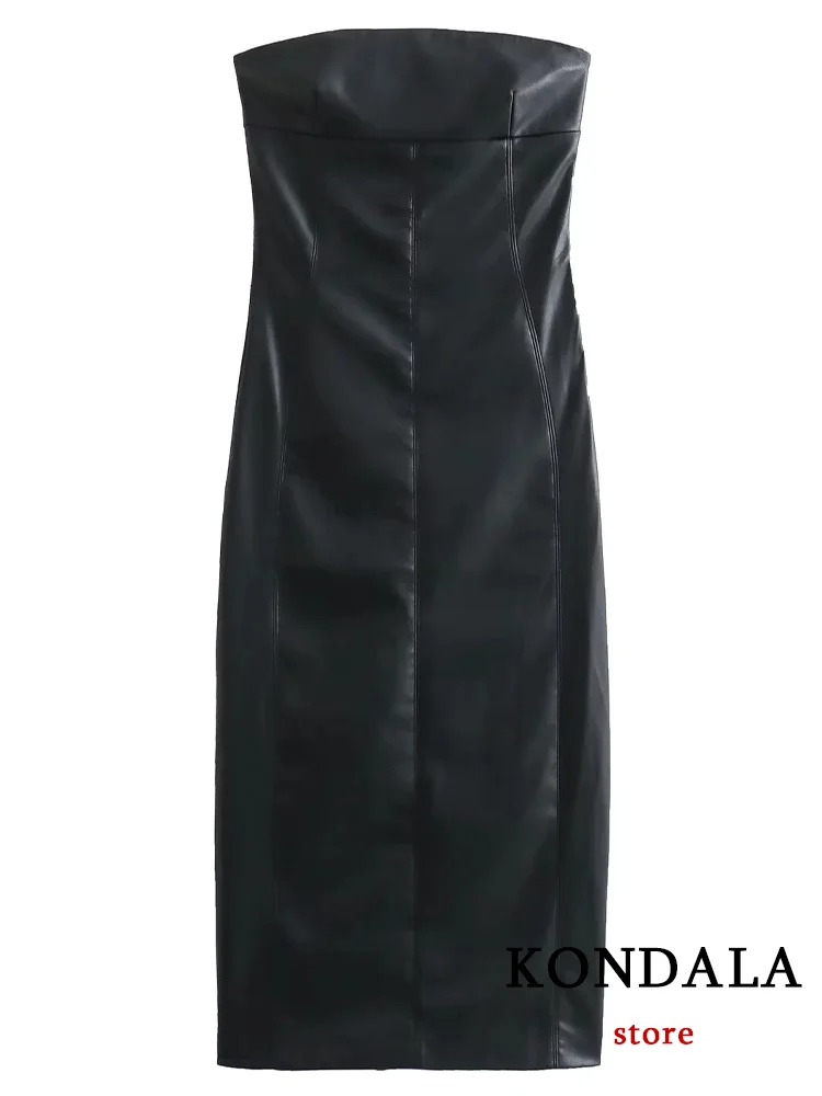 KONDALA Sexy Tube Solid Black Women Dress Sleeveless Leather Sheath Midi Dress New Fashion 2023 Autumn Evening Night Club Dress