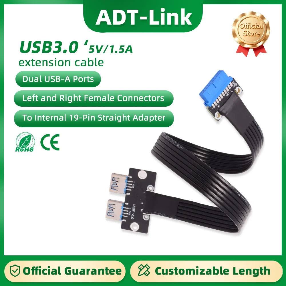 

ADT-Link USB3.0 Dual Type-A Female to Internal 19Pin Type-E Male Extension Flat Cable USB A 3.0 Right Angled Riser Adapter