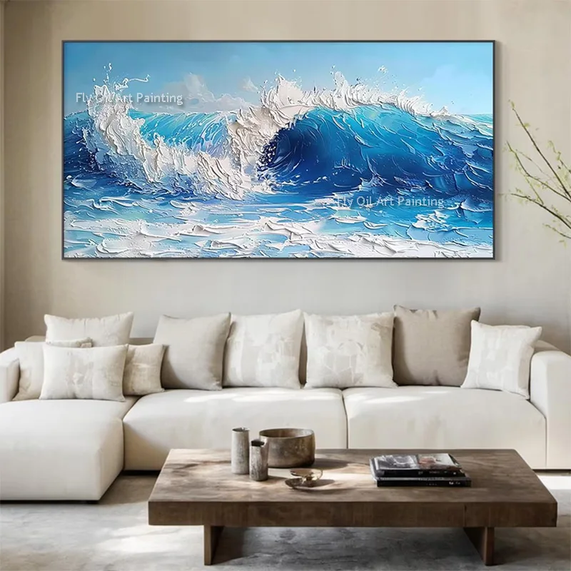 Dynamic Blue Ocean Wave Oil Painting Thick Texture Seascape Canvas Wall Art Handmade Horizontal Palette Knife Impasto Artwork
