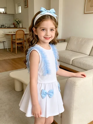Two‑Piece Outfit for Girls with Blue‑and‑White Bows, Mesh Flutter‑Sleeve Sleeveless Top & Pleated Skirt, Summer Set for Little G