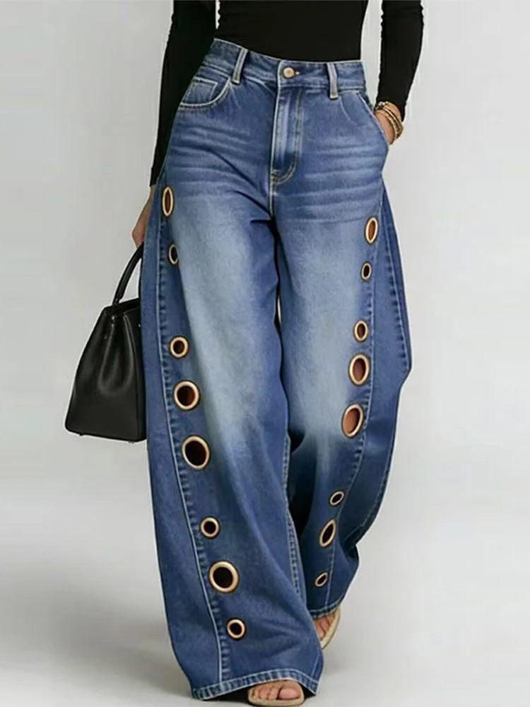 

Vintage Hollow Out Baggy Jeans Women Fashion Casual Streetwear Jean Y2k Loose Pockets Wide Leg Pants 2026 New All Season Trouser