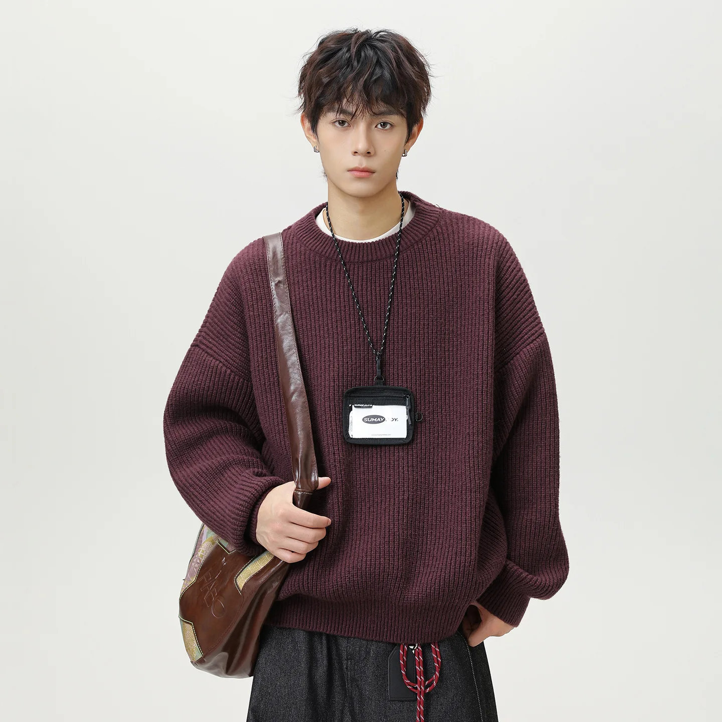 

2025 Round Neck Sweater Men's Autumn and Winter Basic Solid Color Retro Knit Sweater Japanese Loose Thread Jacket