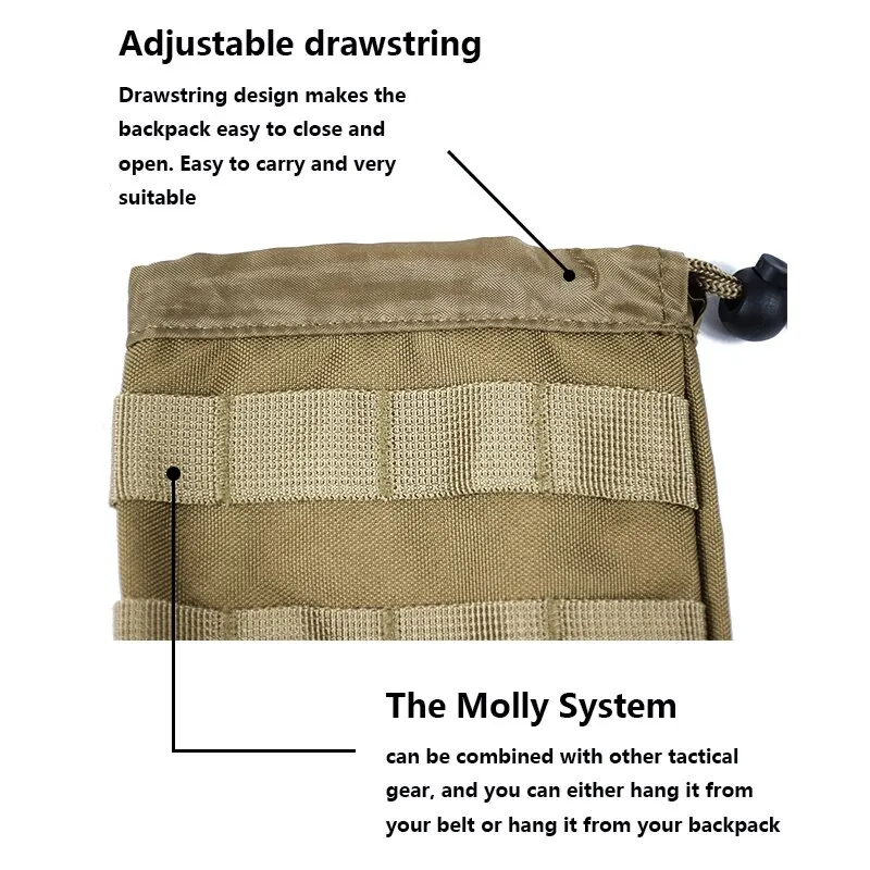 600D Hunting Bags Tactical Small Water Bottle Bag Multi Function Outdoor Adjustable Drawstring Molle External System Khaki