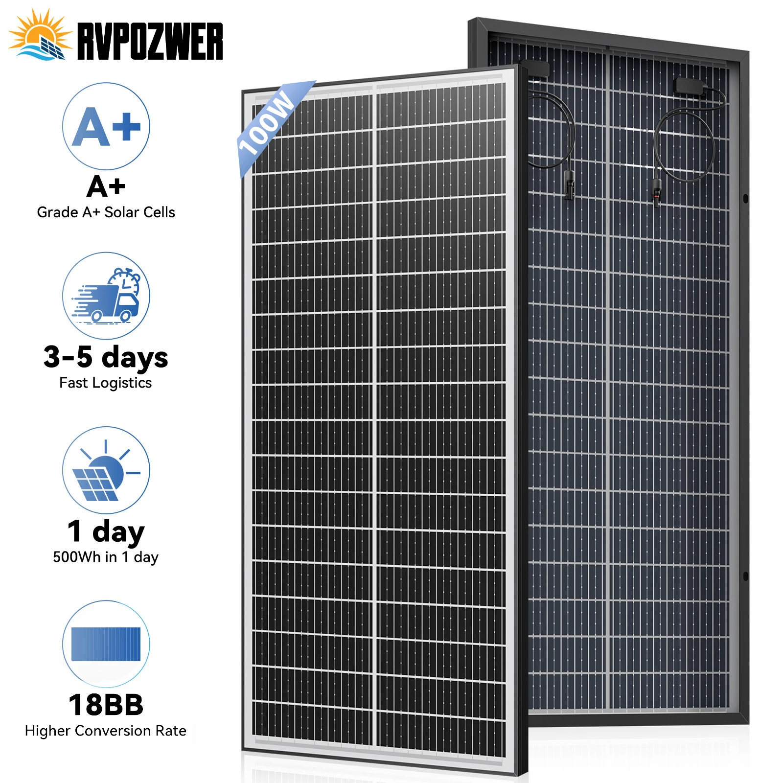 Rvpozwer 100W 12.8V Double Sided Solar Panels Monocrystalline 25.5% High-Efficiency 18BB Cells PV Power for Home Rooftop Camping