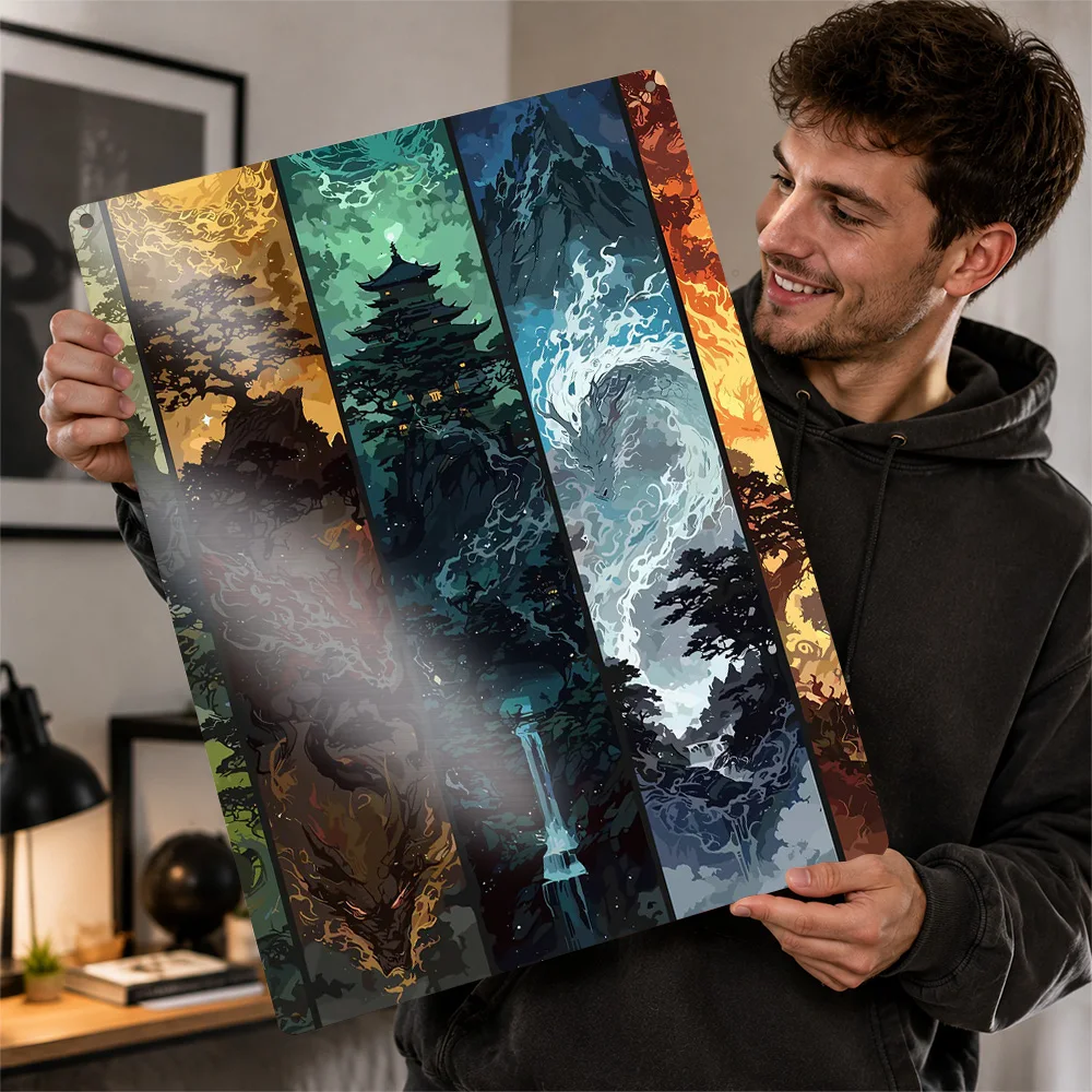 Mythical Elemental Dragons and Temples 3D Texture Printed Poster Custom Vintage Metal Tin Plate Sign for Wall Art Decor Room