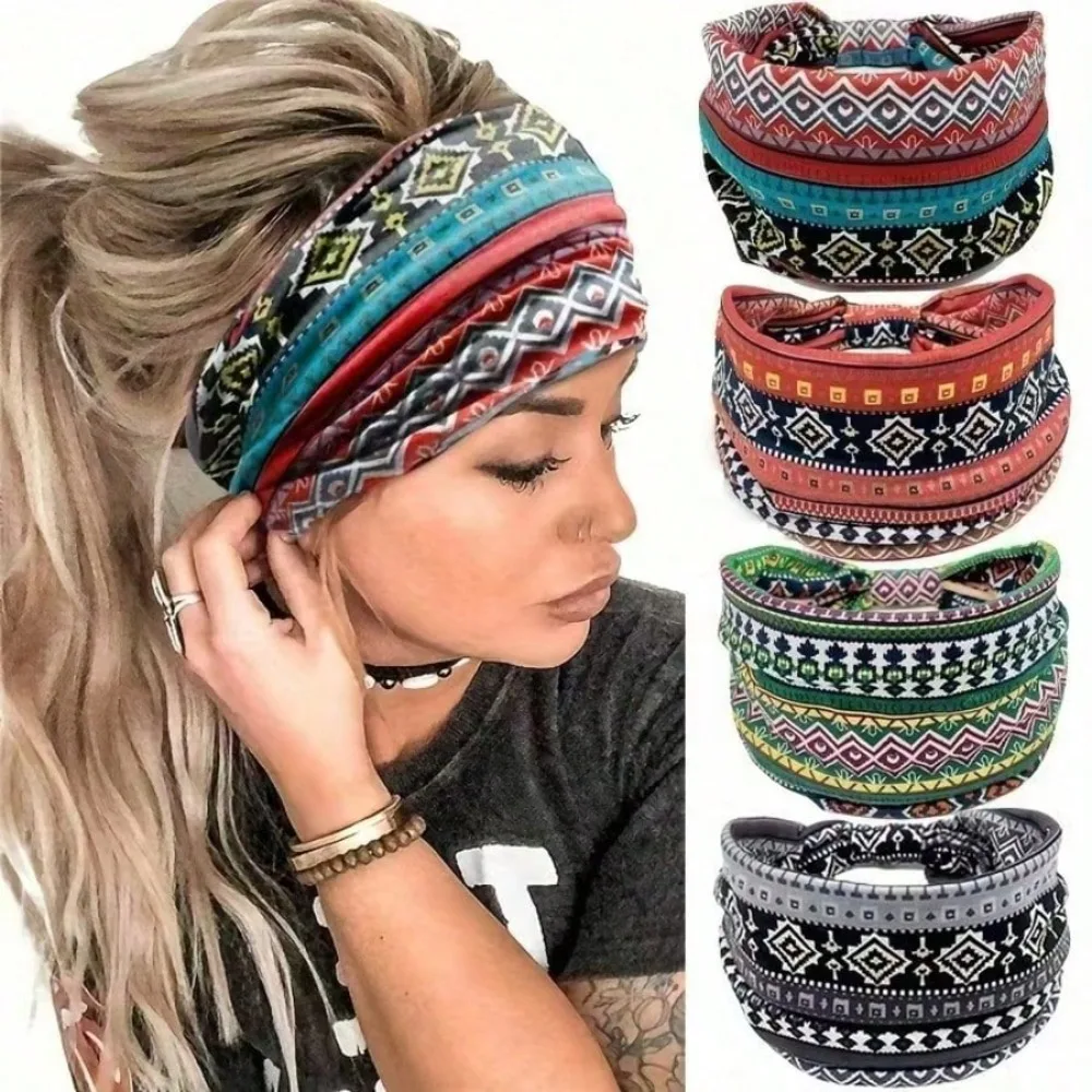 

4pcs Boho Chic Wide Headbands For Women - Sweat-Wicking, Lightweight Yoga & Sports Hair Bands With Vintage Prints