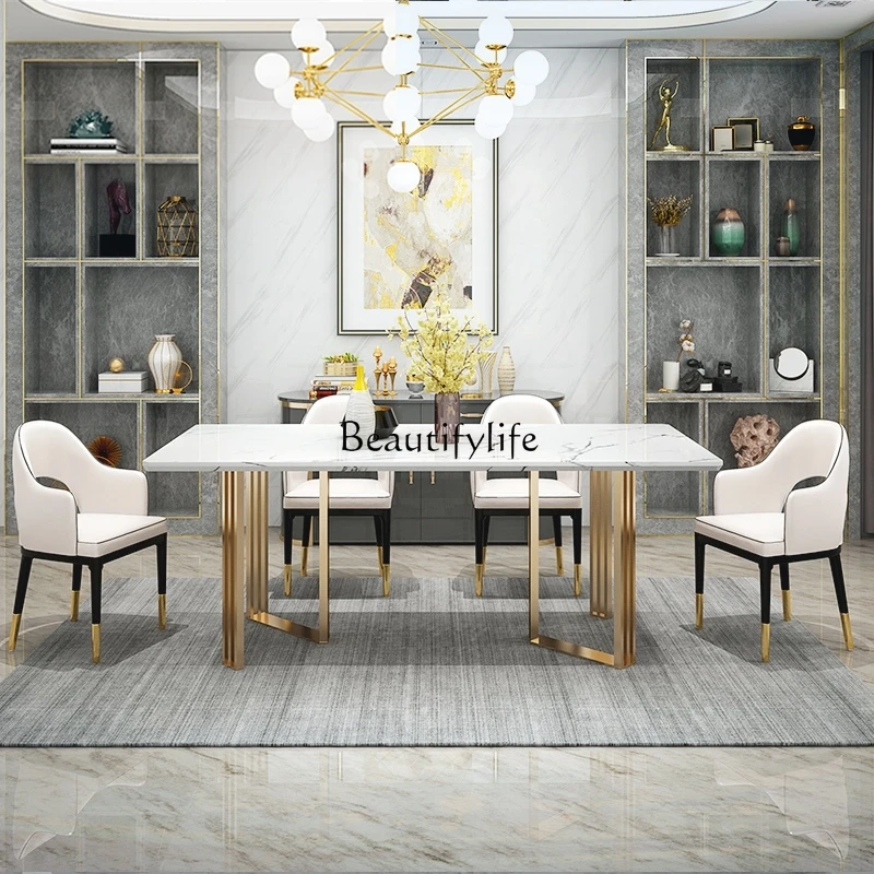 Nordic Light Luxury Metal Marble Dining-Table Modern Minimalist Living Room Rectangular Table and Chair